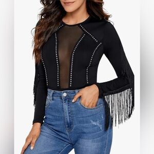 Black Fringe Long Sleeve Bodysuit